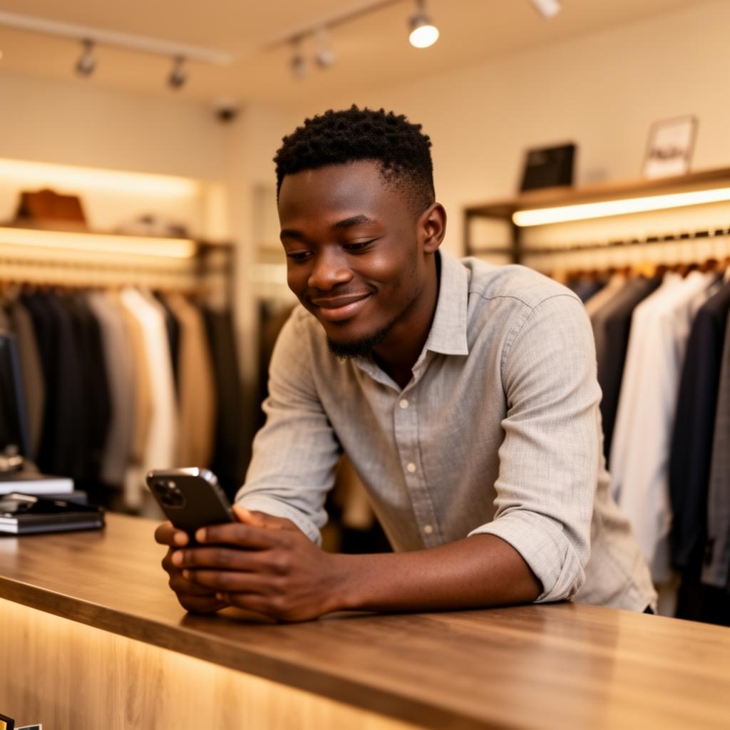 Small business owner reviewing the day's sales on his phone