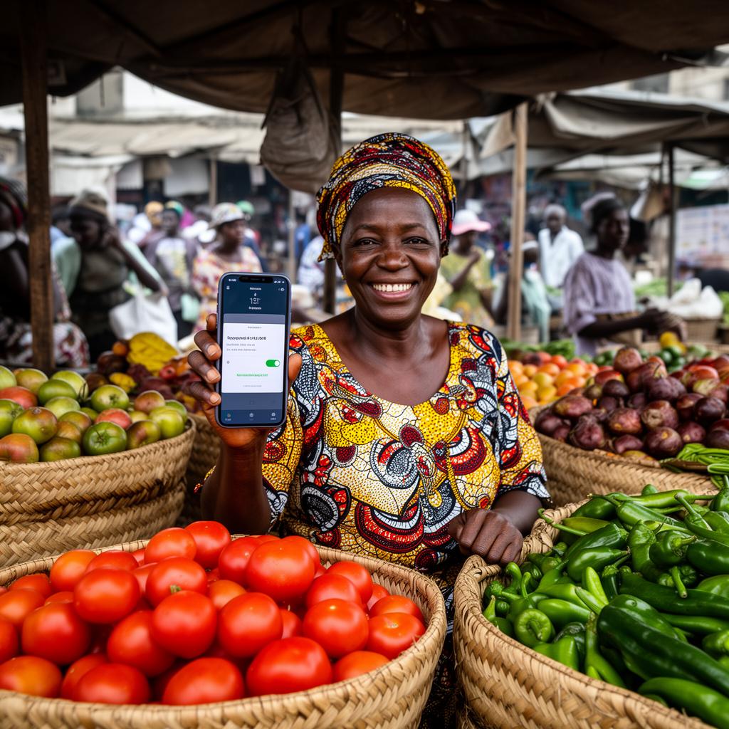 Market trader in Lagos confirming a payment on her phone
